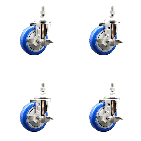 Service Caster 4 Inch 316SS Blue Polyurethane Swivel 10mm Threaded Stem Caster Set Brake SS316TS20S414-PPUB-BLUE-TLB-M1015-4